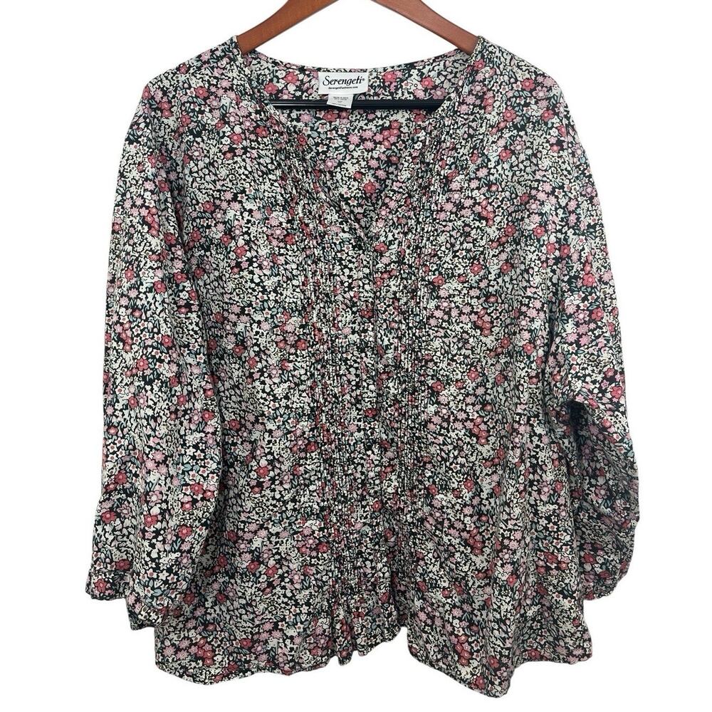 Serengeti Floral Print Pleated Button Blouse Tunic Top Size Women's 3X Spring